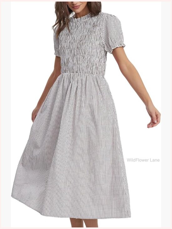 Dresses & Skirts - Puff Short Sleeve Plaid Flowy Boho Beach Gingham Smocked Vacation Midi Sundress